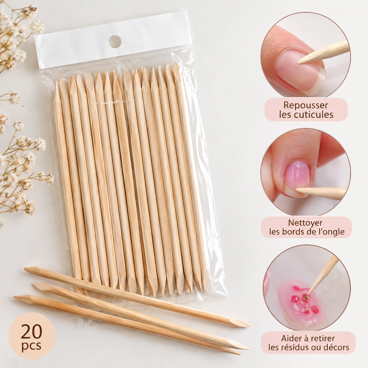 Bâtonnets en bois pour ongles – 20 pièces